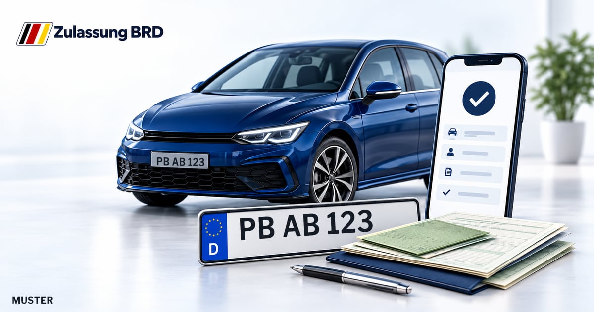Online Fahrzeugzulassung in Lichtenau: Musterkennzeichen PB AB 123, Auto und Fahrzeugpapiere und Smartphone. Illustration mit Logo von Zulassung BRD.